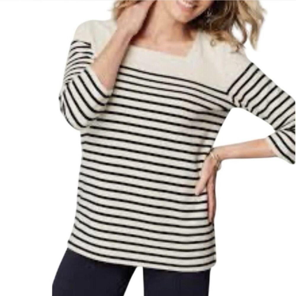 J Jill Top XL Ottoman Square Neck Navy Stripe Nautical Coastal Vacation Capsule